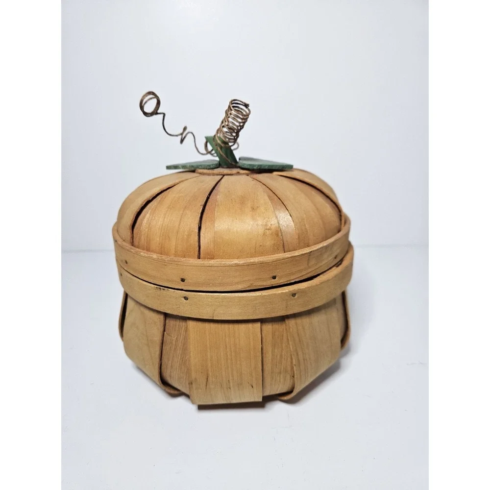 Pumpkin Wooden Bushel Basket with Lid Orange Halloween Fall Decor 6